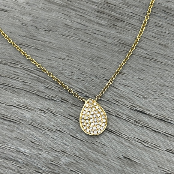 14K Solid Yellow Gold & Diamond Pave Teardrop Necklace Delicate Fine Jewelry - Picture 1 of 11